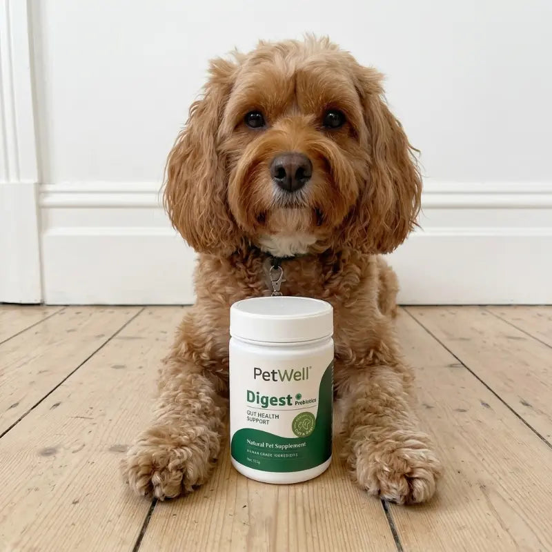 Groodle sitting on timber floorboards with PetWell Digest supplement between its paws