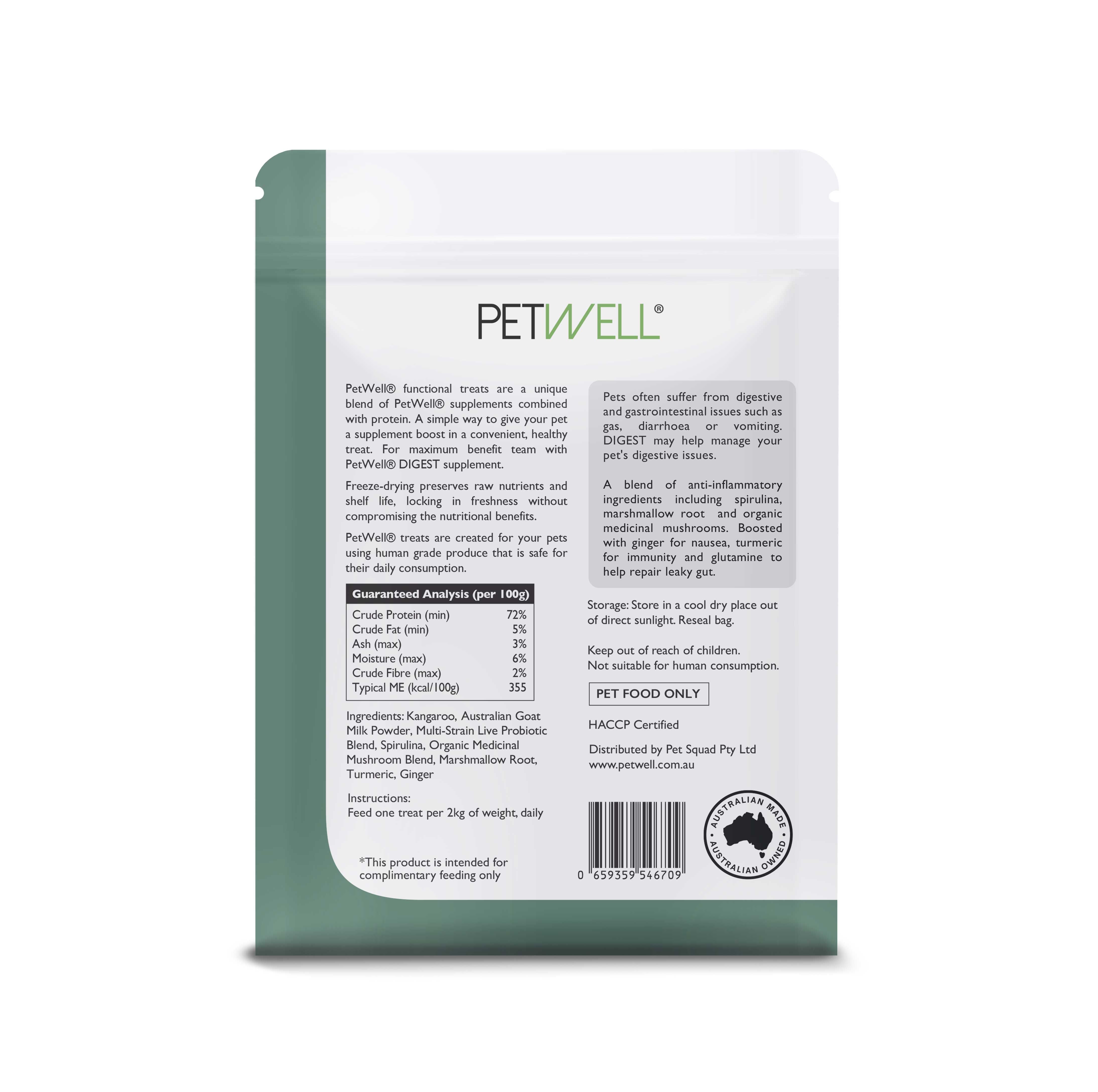 PetWell DIGEST + Kangaroo digestion relief functional raw pet treat 100g back of pack showing dosage and ingredients. Suitable for cats and dogs.