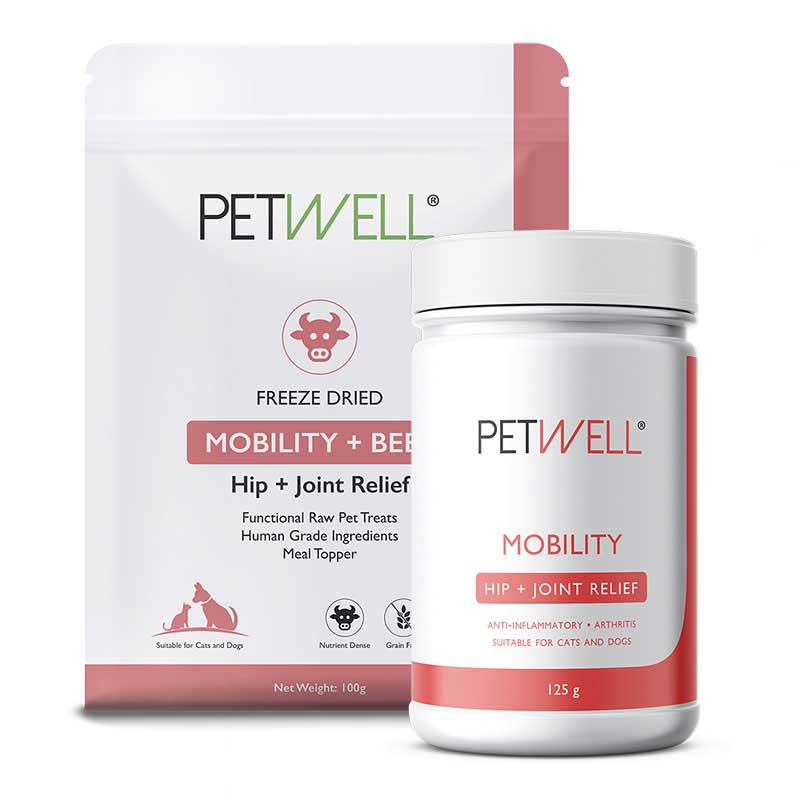 PetWell MOBILITY supplement and functional treats for cats and dogs with Joint issues. Formulated by a Pet Naturopath, using all natural, human grade ingredients 