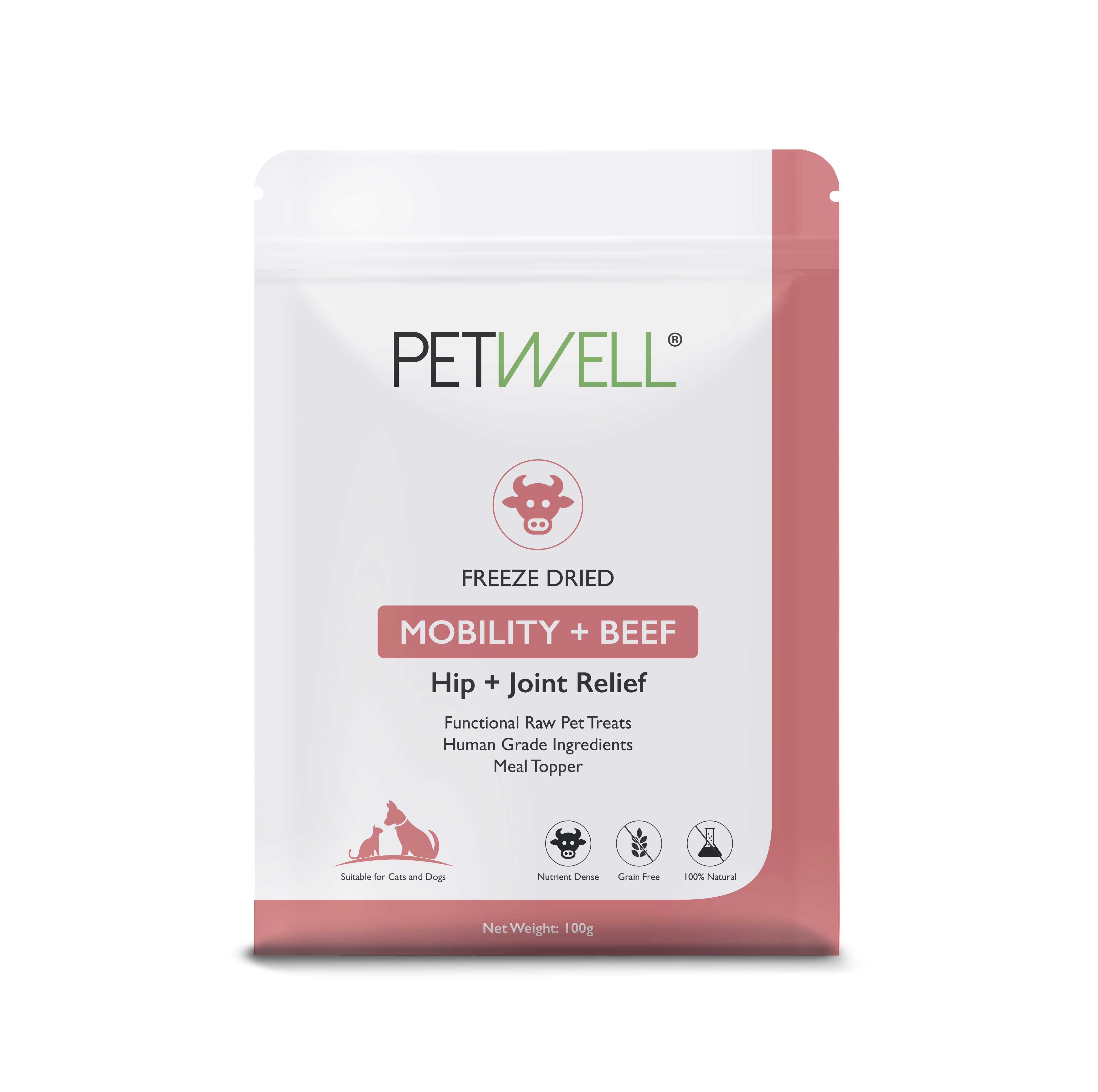 PetWell MOBILITY + BEEF Functional Healthy Treats,  freeze-dried protein infused with PetWell MOBILITY supplement for Hip+Joint support for dogs and cats