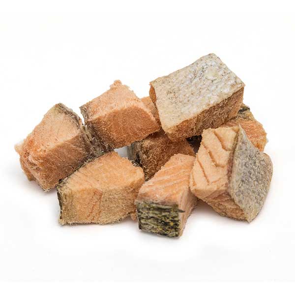 PetWell freeze-dried salmon fillet treats for dogs and cats high in Omega-3, pieces