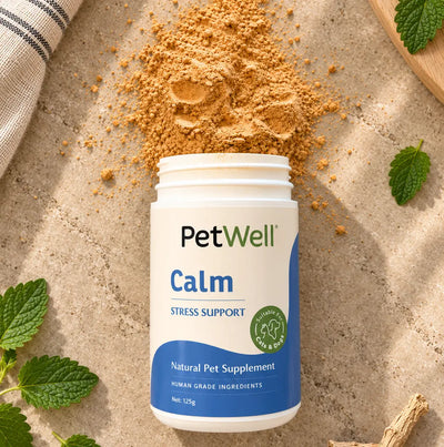 A white jar of PetWell Calm Stress Support natural pet supplement is shown on a textured stone surface with scattered orange-brown powder, mint leaves, and a striped cloth. The label is white and blue with green and black text.