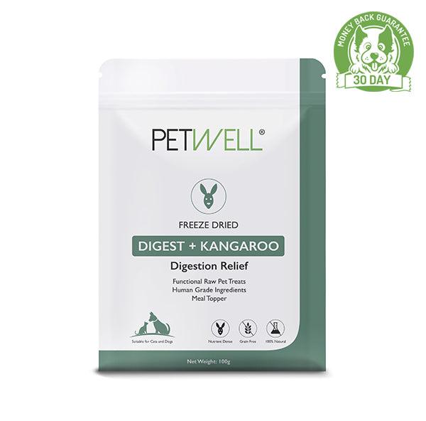 PetWell freeze-dried DIGEST+kangaroo functional raw pet treat 100g with 30-day money back guarantee. Suitable for cats and dogs.