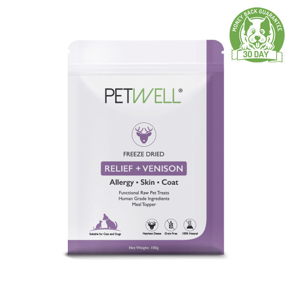 PetWell freeze dried RELIEF Allergy, skin and coat Functional raw pet treat 100g pack with 30 day money back guarantee. Suitable for cats and dogs.