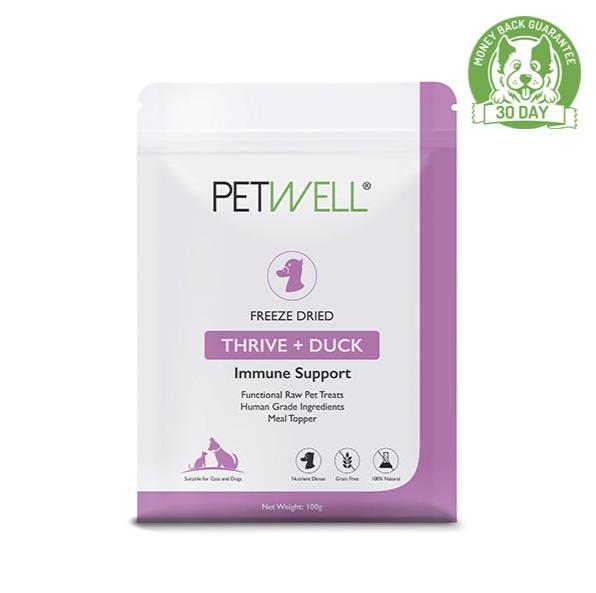 PetWell freeze-dried THRIVE + Duck Immune support Functional raw pet treat 100g front of pack. Suitable for cats and dogs with 30-day money back guarantee