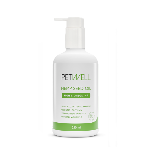 PetWell Hemp Seed Oil bottle on white background