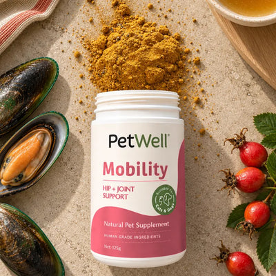 A white jar of PetWell Mobility Hip + Joint Support pet supplement placed on a beige stone surface, surrounded by mussels, rose hips, and a pile of golden-yellow powder. The jar label is white and pink with green accents.