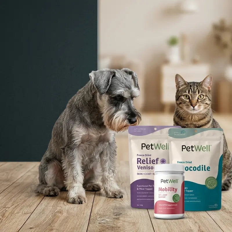 Schnauzer and cat on a timber floor looking at PetWell products in front of them