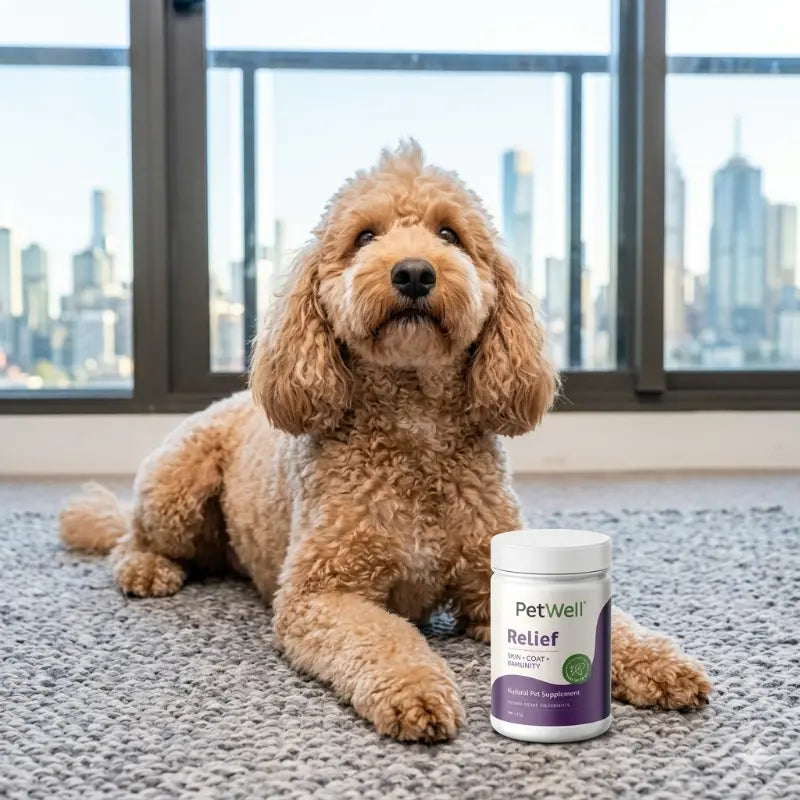Light tan poodle sitting on a lounge room rug in front of windows overlooking a city with PetWell Relief supplement if front of their paws. 