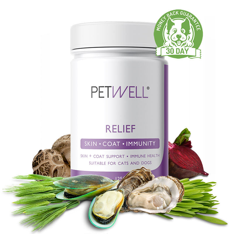 RELIEF-supplement-for-cats-and-dogs-with-allergies-skin-and-coat-issues-Formulated-by-a-Pet-Naturopath-using-all-natural-human-grade-ingredients-30 day guarantee