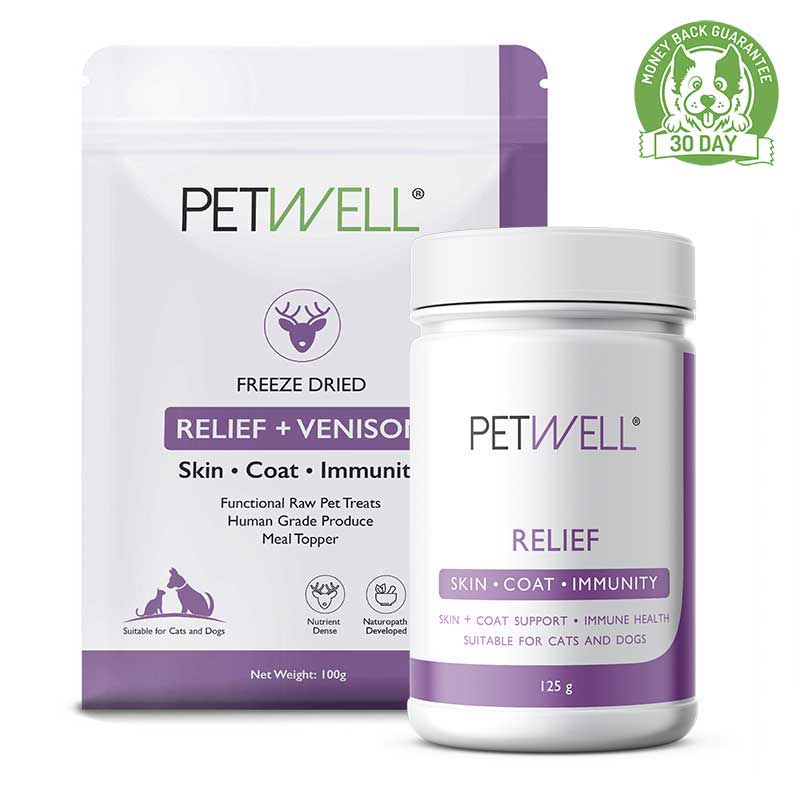 RELIEF-supplement-for-cats-and-dogs-with-allergies-skin-and-coat-issues-Formulated-by-a-Pet-Naturopath-using-all-natural-human-grade-ingredients-treat-bundle-30 day guarantee