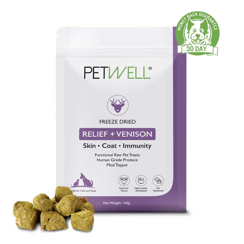 RELIEF_VENISON-Functional-Healthy-Treats-cats-and-dogs-with-allergies-Freeze-dried-protein-infused-with-PetWell-RELIEF-supplement-for-Allergies-Skin-and-Coat-30 day guarantee