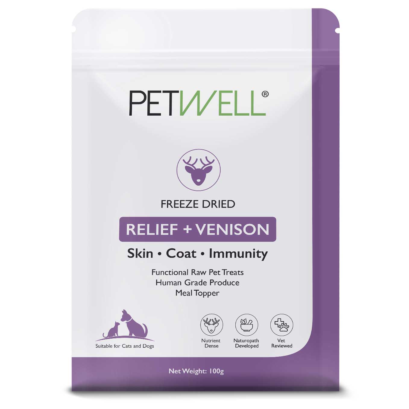 RELIEF_VENISON-Functional-Healthy-Treats-cats-and-dogs-with-allergies-Freeze-dried-protein-infused-with-PetWell-RELIEF-supplement-for-Allergies-Skin-and-Coat