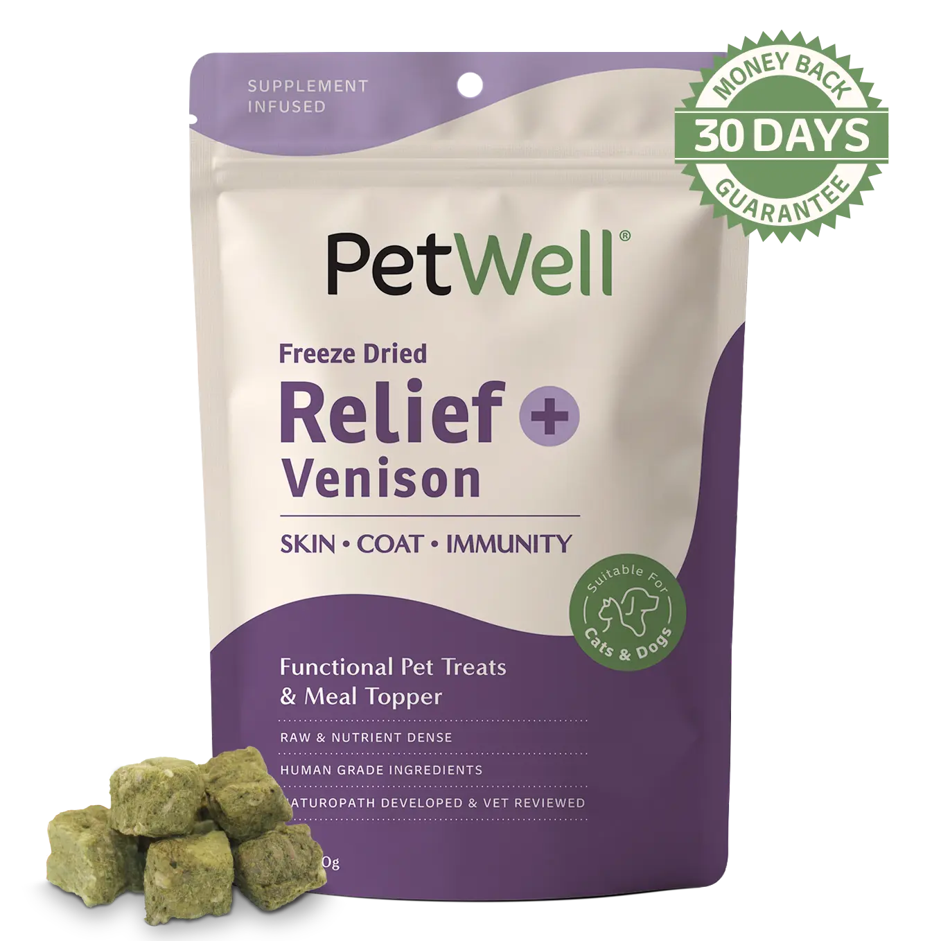 PetWell Relief + venison functional pet treat and meal topper with 30 day money back guarantee