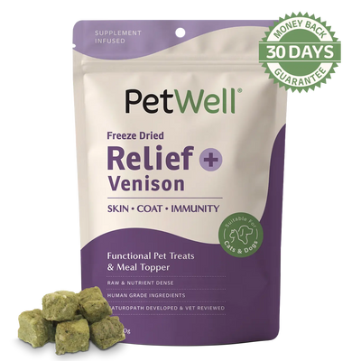 PetWell Relief + venison functional pet treat and meal topper with 30 day money back guarantee