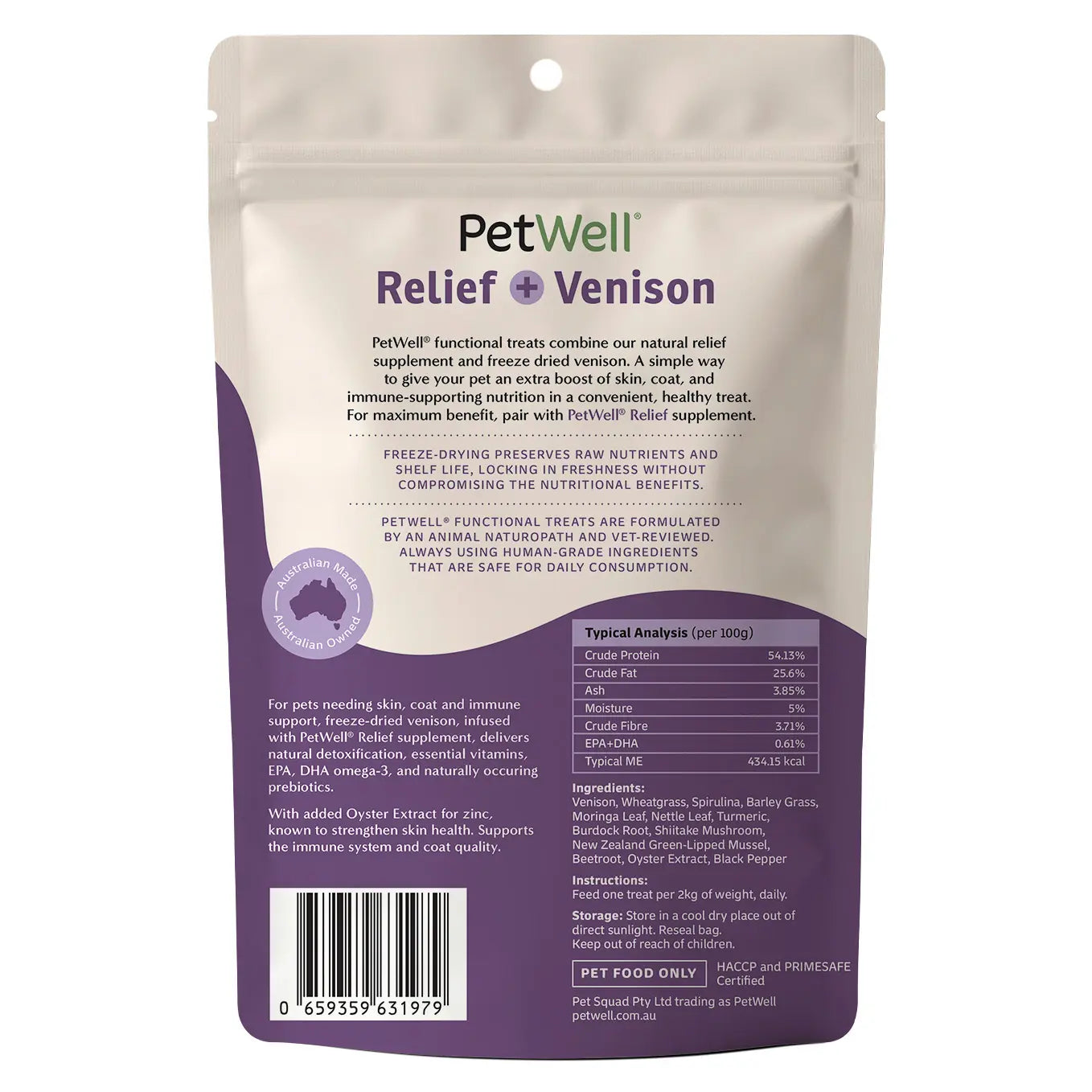 PetWell Relief + venison functional pet treat and meal topper back of pack information