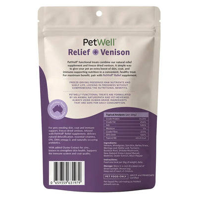 PetWell Relief + venison functional pet treat and meal topper back of pack information