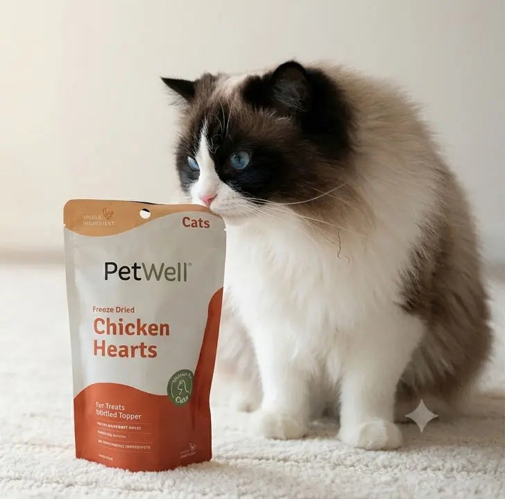 Ragdoll cat with PetWell Chicken Hearts for cats on a white rug
