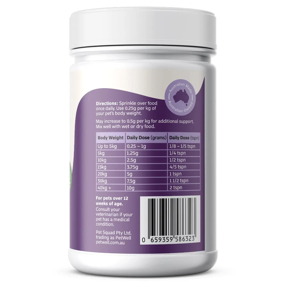 PetWell Relief supplement directions and dosage panel
