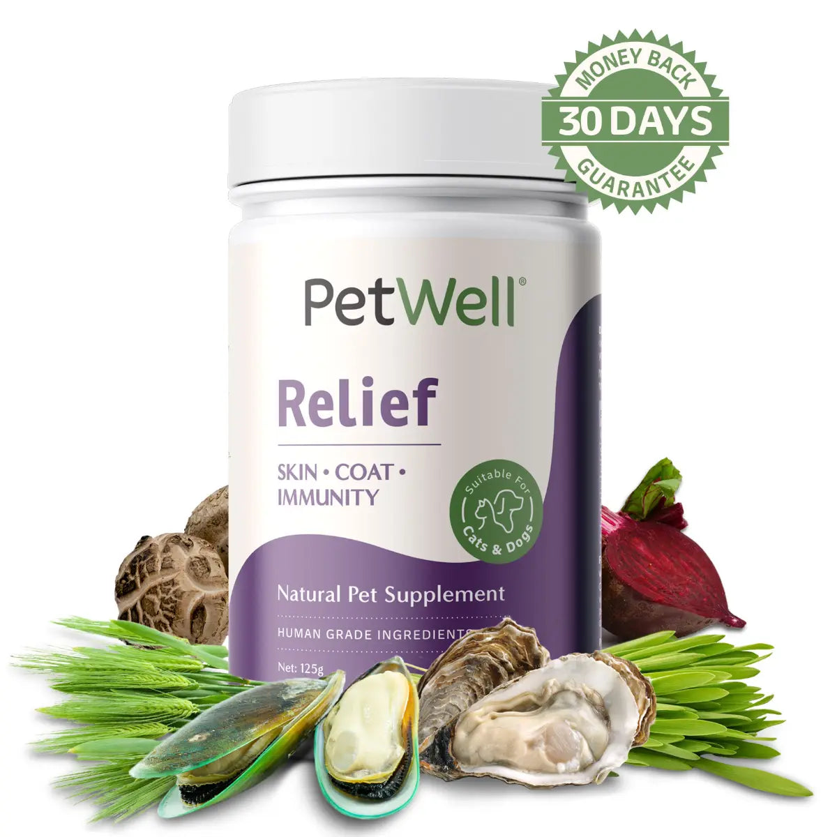PetWell Relief supplement 125g with human grade ingredients and 30 day money back guarantee