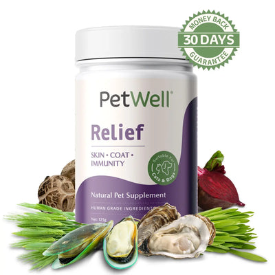 PetWell Relief supplement 125g with human grade ingredients and 30 day money back guarantee
