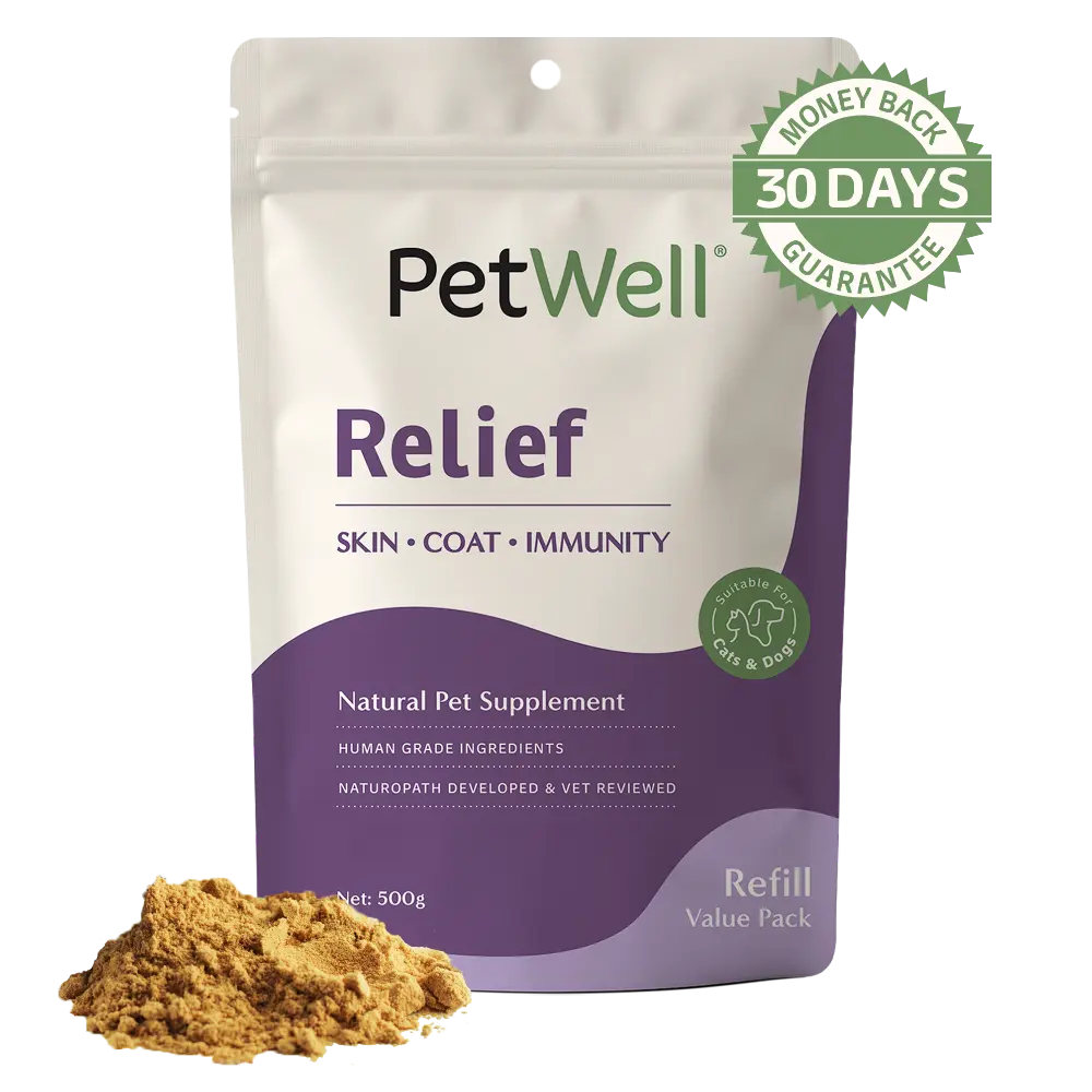 PetWell Relief supplement 500g refill pouch with 30 day money back guarantee