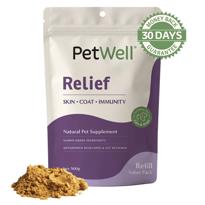 PetWell Relief supplement 500g refill pouch with 30 day money back guarantee
