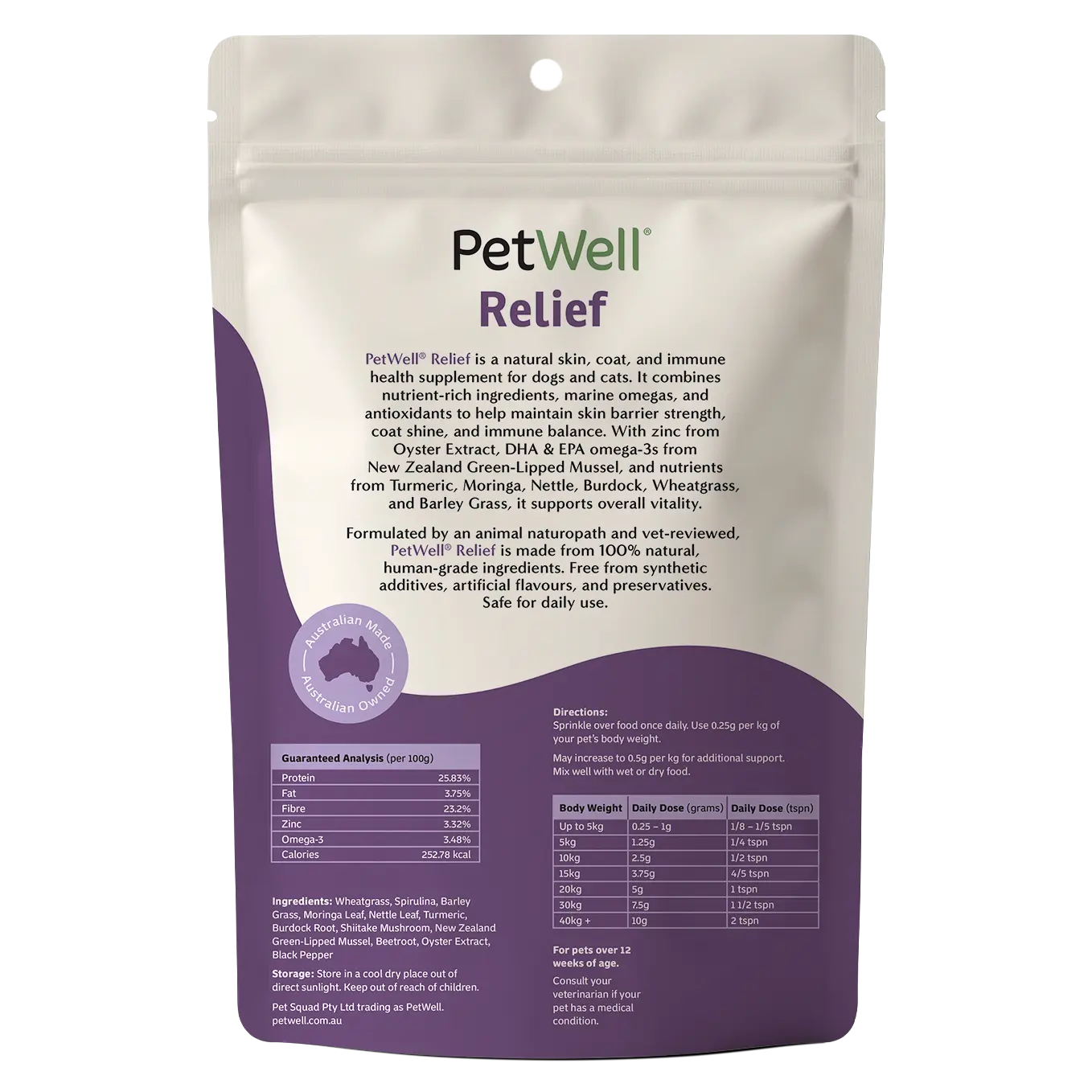PetWell Relief supplement 500g refill pouch back of pack information