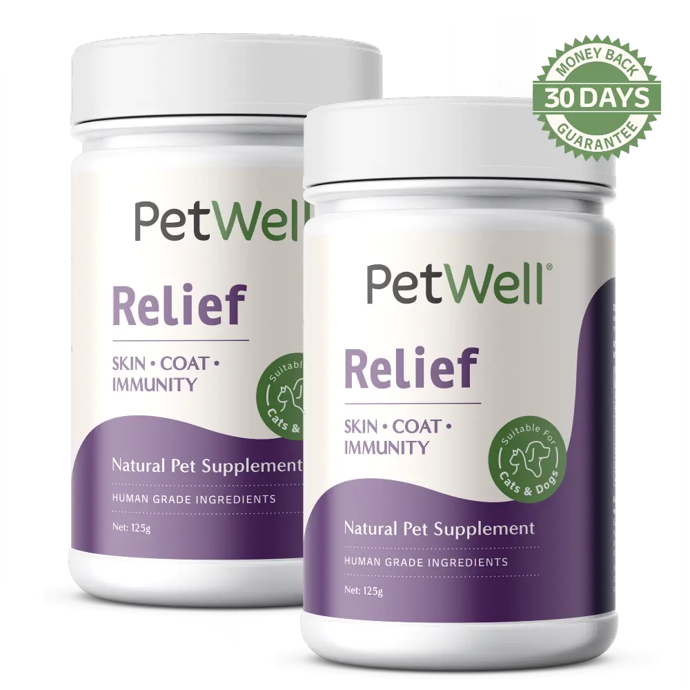 PetWell Relief supplement bundle of 2 canisters with 30 day money back guarantee