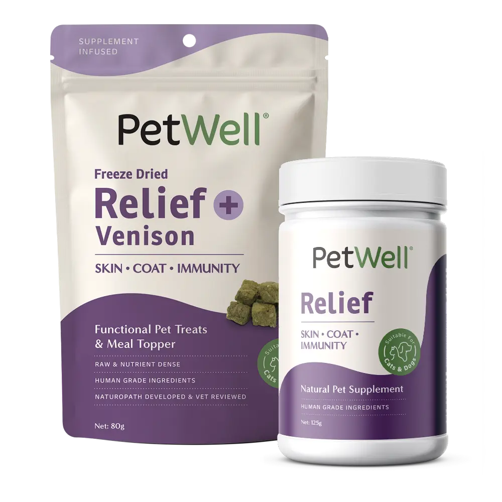 PetWell Relief supplement and Relief + Venison functional treat bundle