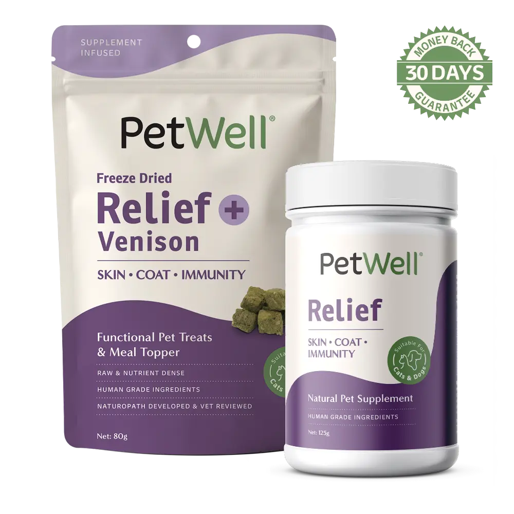 PetWell Relief supplement and Relief + Venison functional treat bundle with 30 day money back guarantee