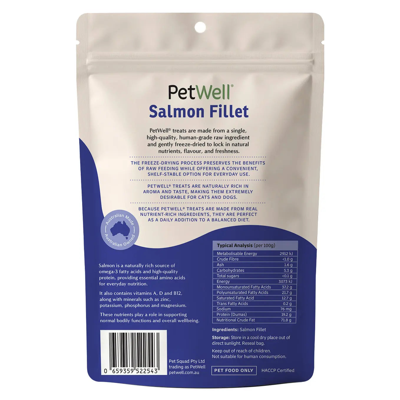 PetWell Salmon Fillet single ingredient pet treat & meal topper back of pack