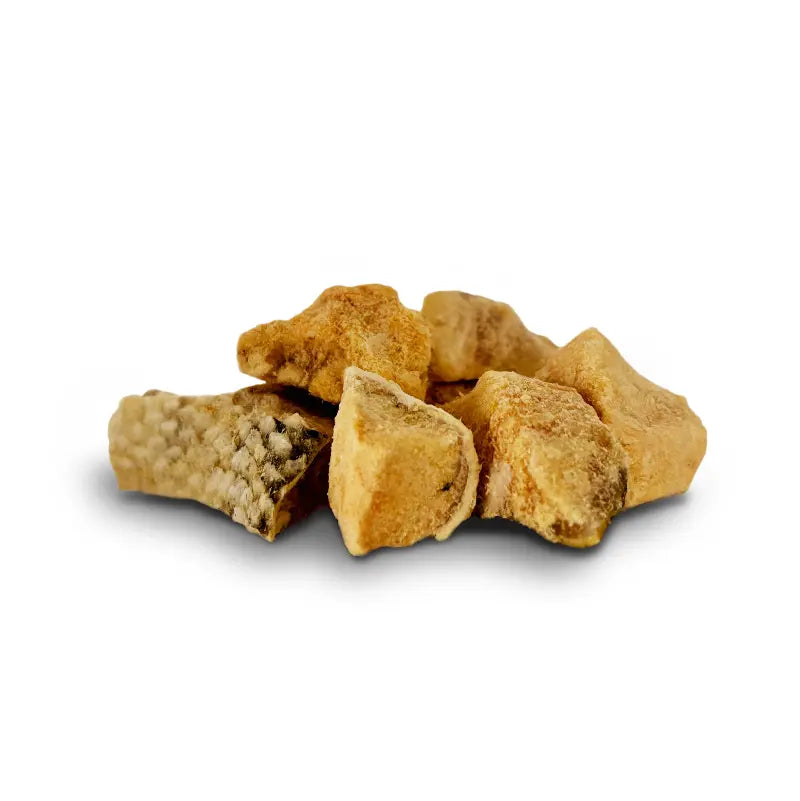 A small pile of freeze dried salmon pieces, some with skin showing