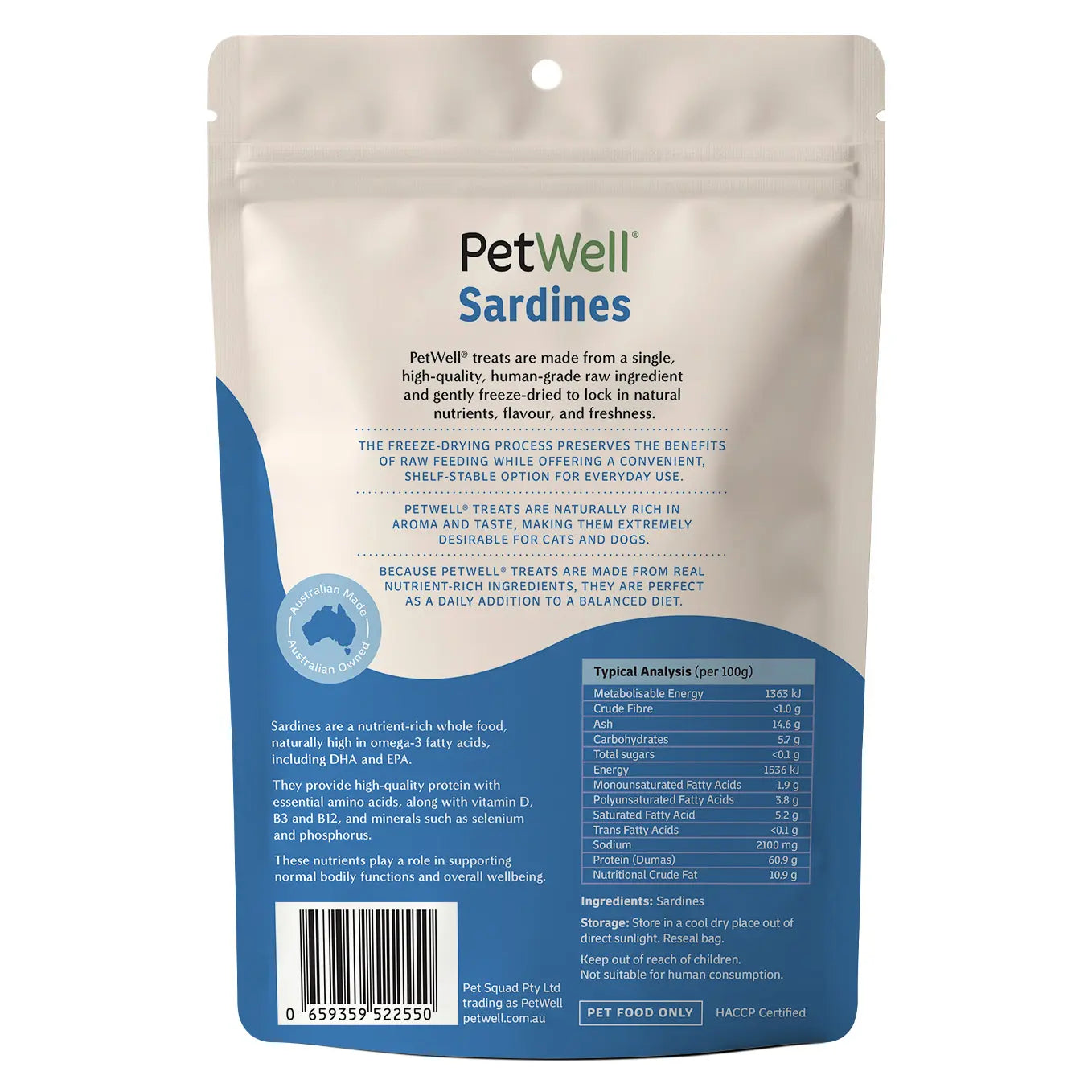 PetWell Sardines single ingredient pet treat & meal topper back of pack