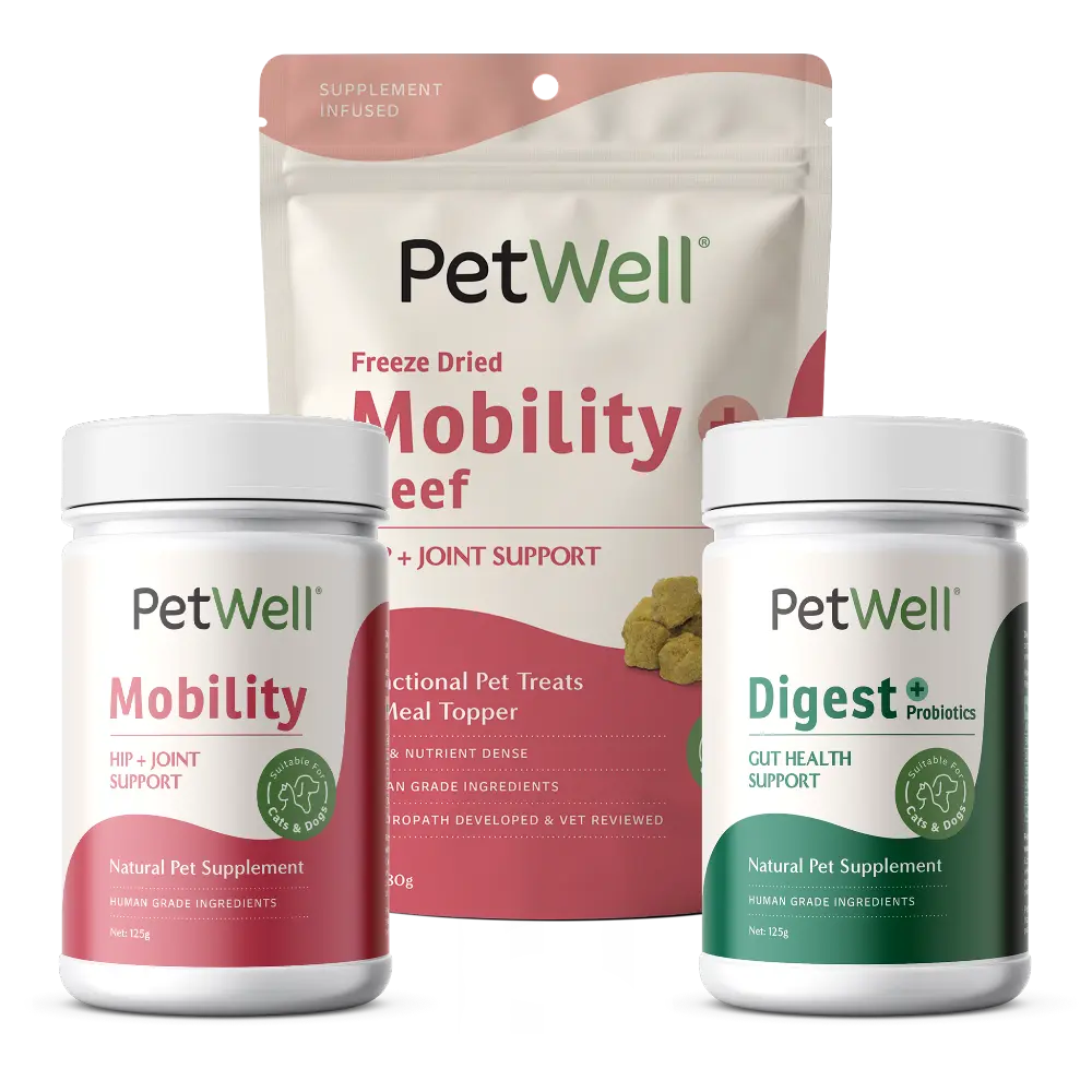 PetWell Digest supplement, Mobility supplement and Mobility+Beef functional senior wellness bundle