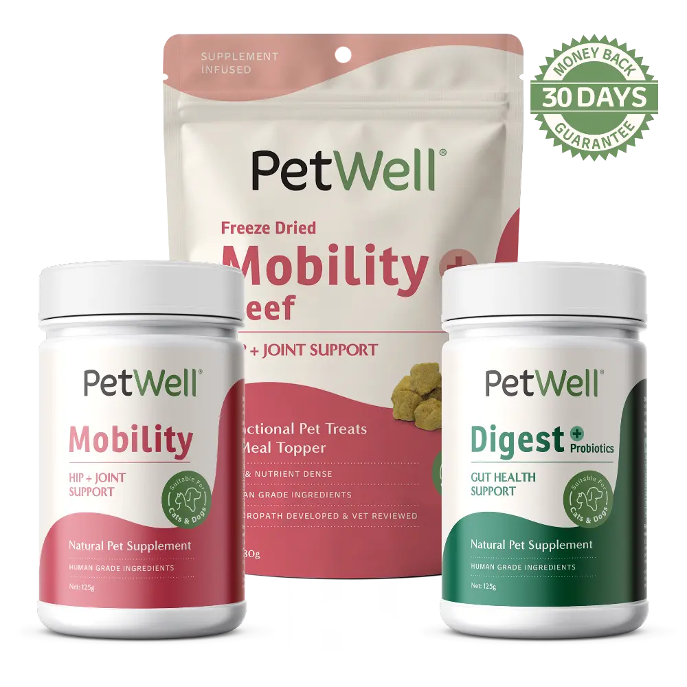PetWell Digest supplement, Mobility supplement and Mobility+Beef functional senior wellness bundle with 30 day money back guarantee
