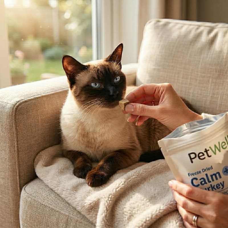 Person holding a bag of PetWell Calm Turkey treats for a Siamese cat on a couch.