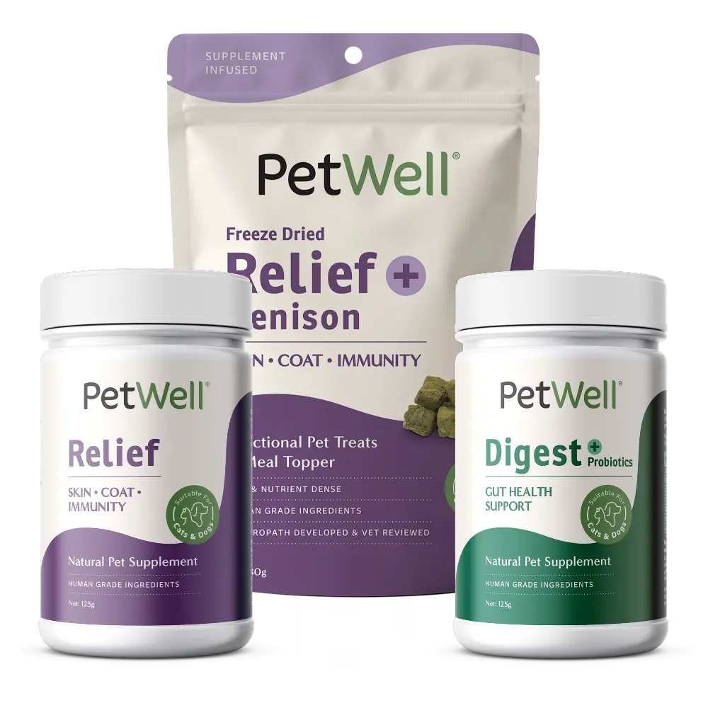 PetWell Digest supplement, Relief supplement and Relief+Venison functional treat skin, coat immunity wellness bundle