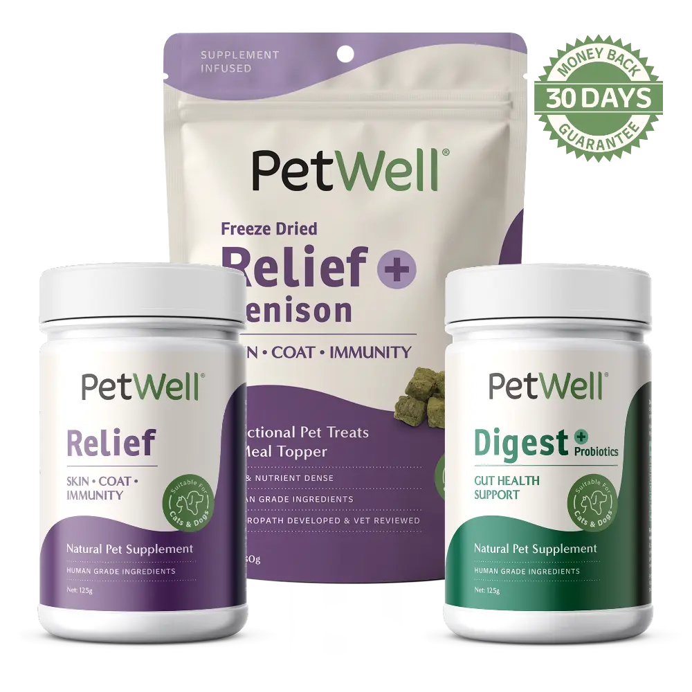 PetWell Digest supplement, Relief supplement and Relief+Venison functional treat skin, coat immunity wellness bundle with 30 day money back guarantee