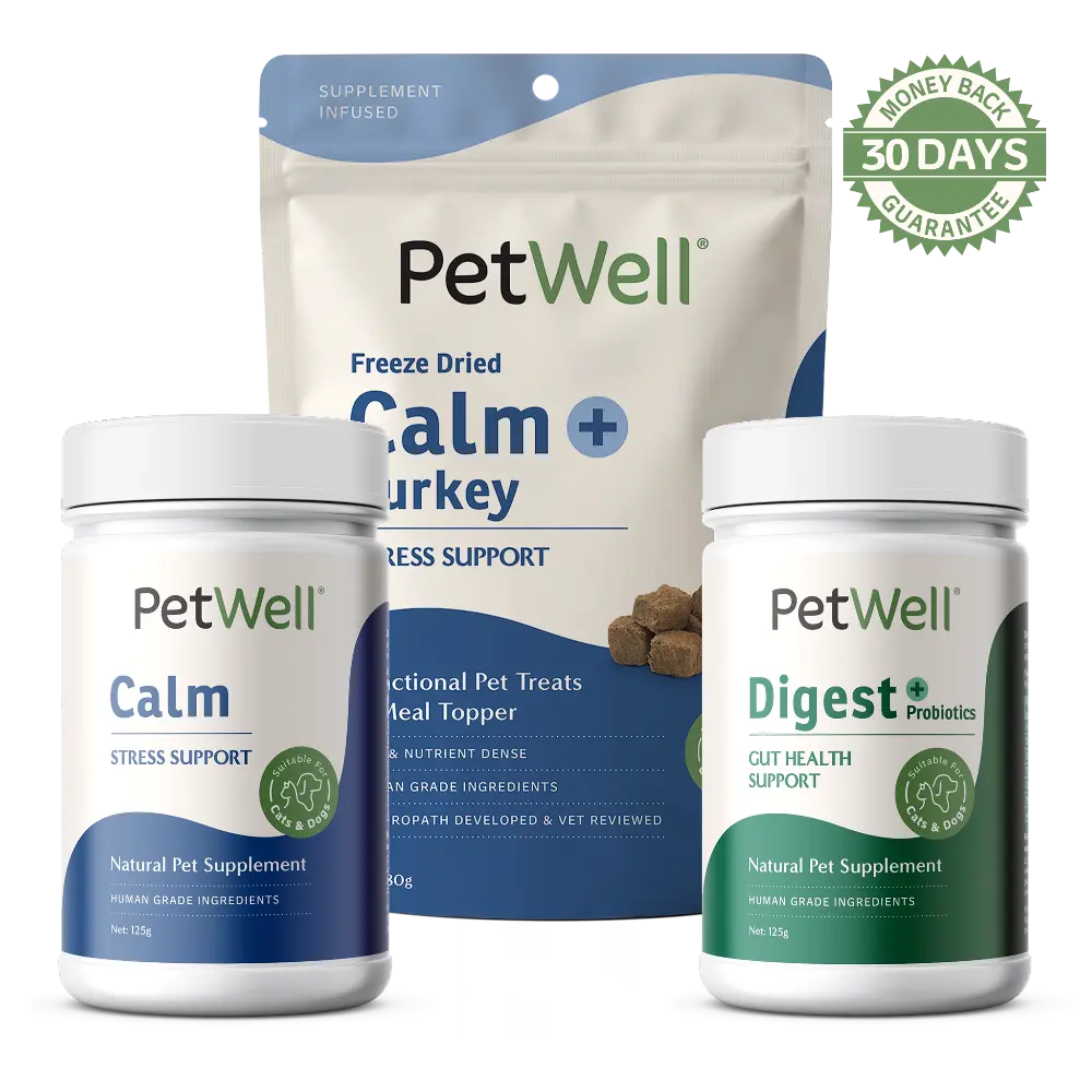 PetWell Calm supplement, Digest supplement and Calm + Turkey functional treat stress-free bundle with 30 day money back guarantee