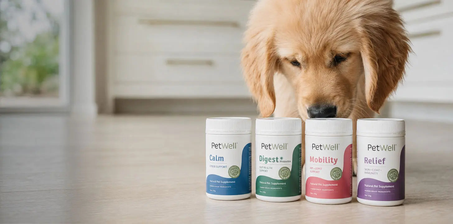 Golden Retriever puppy in a kitchen sniffing the PetWell supplement range sitting on the floor in front of him