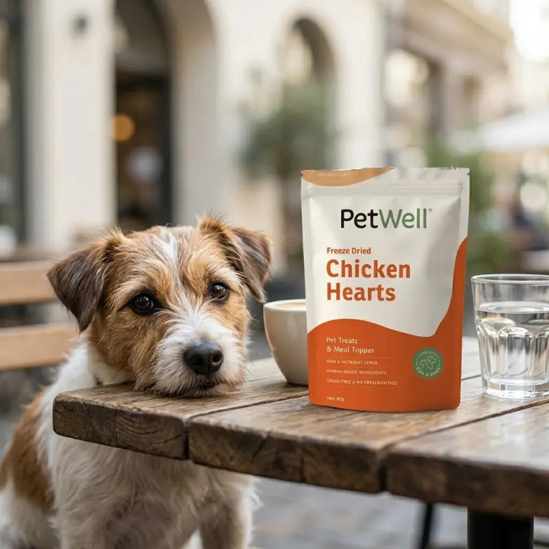 Dog sitting at a table with a package of PetWell Freeze Dried Chicken Hearts on a blurred street background