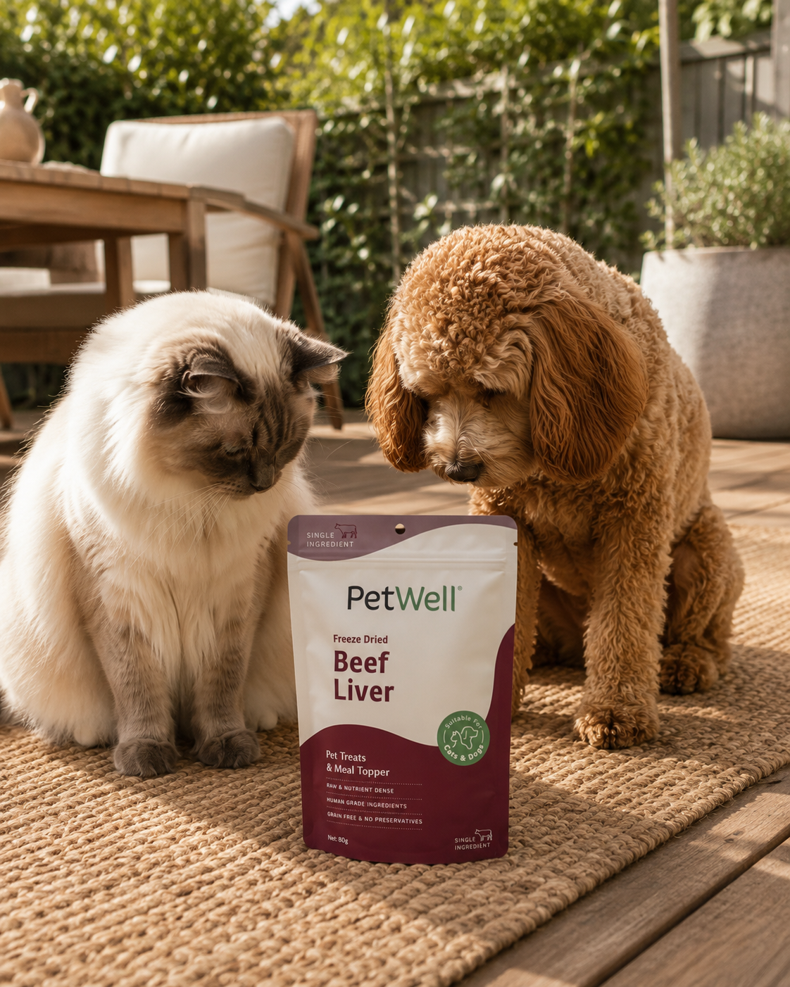 Cat and dog sitting on a mat with a package of PetWell Freeze Dried Beef Liver in front of them.