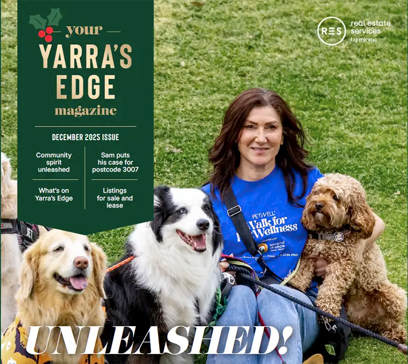 Ayda Hornak with three dogs on a grassy field, featuring 'Your Yarra's Edge Magazine' cover.