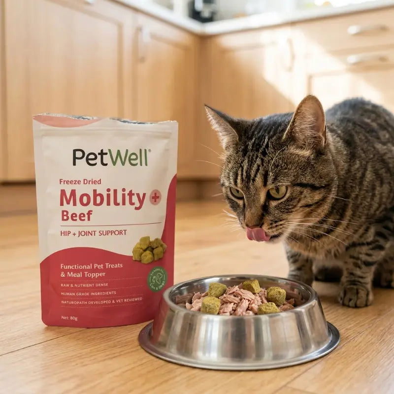 Cat eating from a bowl next to a package of PetWell Mobility Beef treats on a wooden floor.