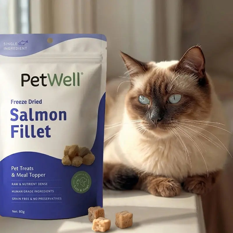 Cat next to a package of PetWell Freeze Dried Salmon Fillet pet treats.