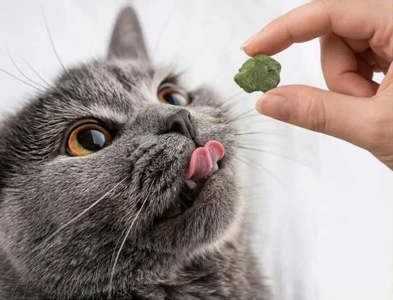 Gray cat licking a green treat held by a hand against a white background