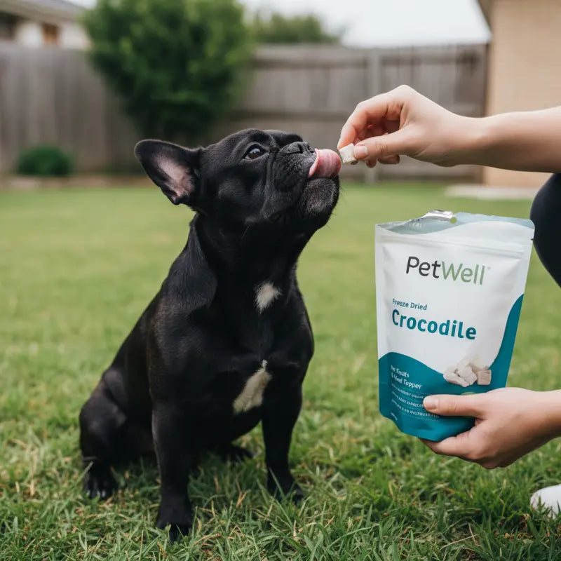 Black dog being fed from a bag of PetWell Freeze Dried Crocodile treats in a backyard.