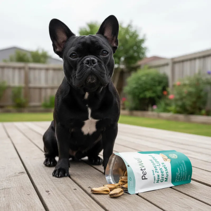 Black dog sitting on a wooden deck with a pet product packaging next to it.