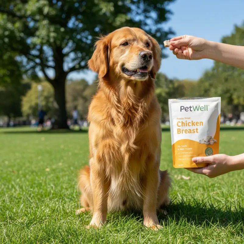 Dog sitting on grass with a person holding a 'PetWell' chicken breast product